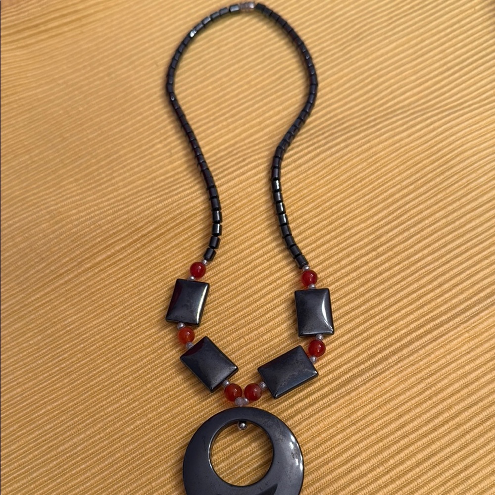 Black Geometric Pendant Necklace with Chunky Beads